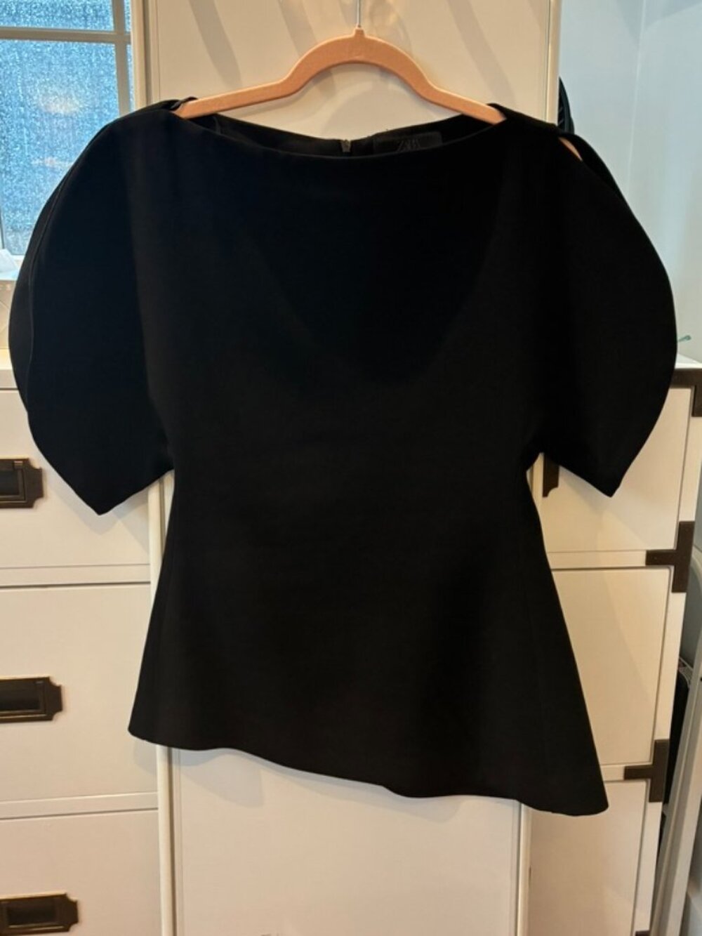 Zara ZW Collection Puff Sleeve Asymmetrical Black Top